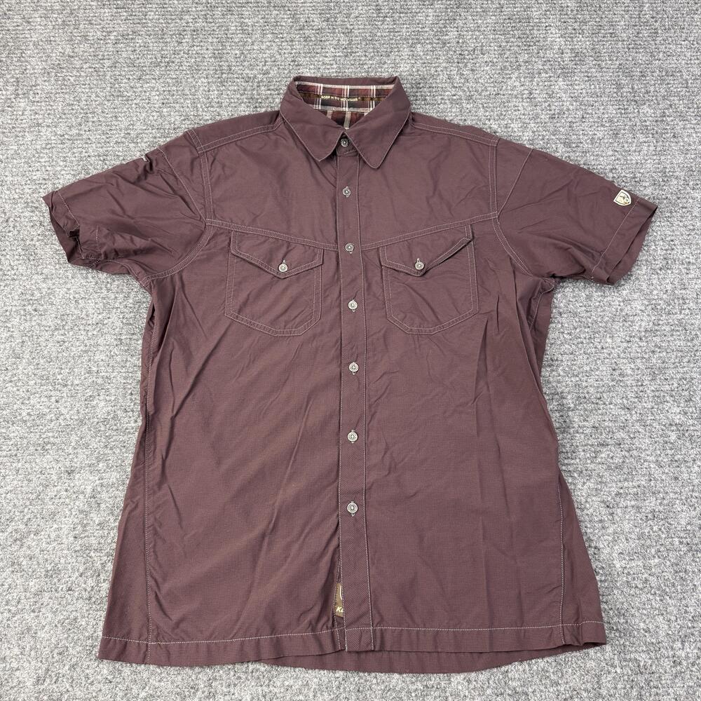 Kuhl Shirt Mens Small Brown Red Short Sleeve Button Front Hiking Outdoor Casual